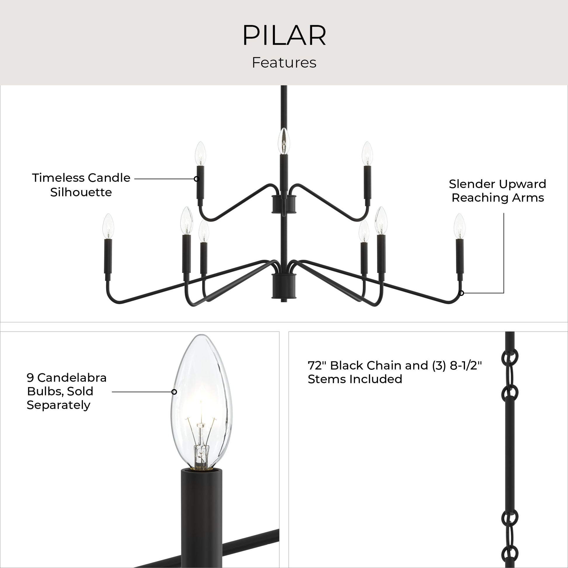 Progress Lighting P400474-31M Pilar Chandelier Features Infographic