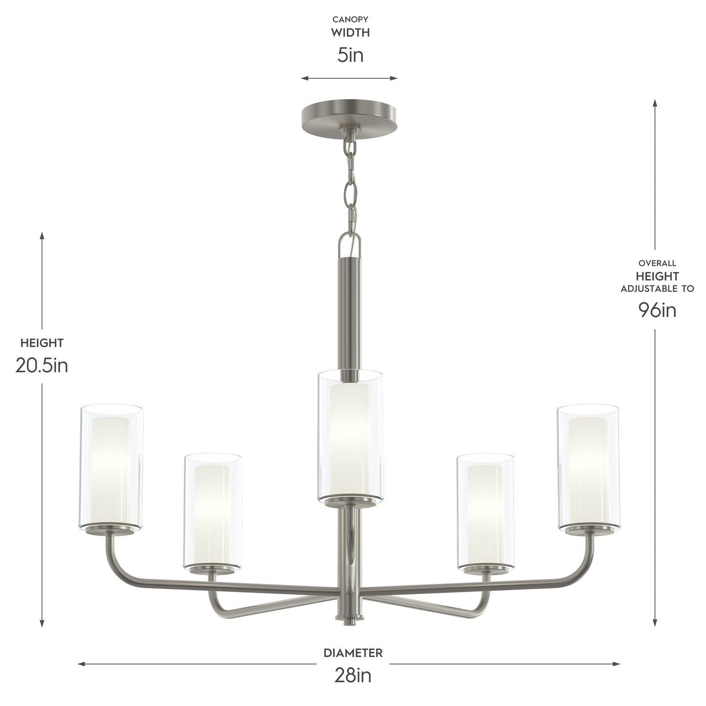 Progress Lighting P400475-009 Mack Chandelier dimensions diagram - 28 inch diameter, 20.5 inch height, adjustable to 96 inch