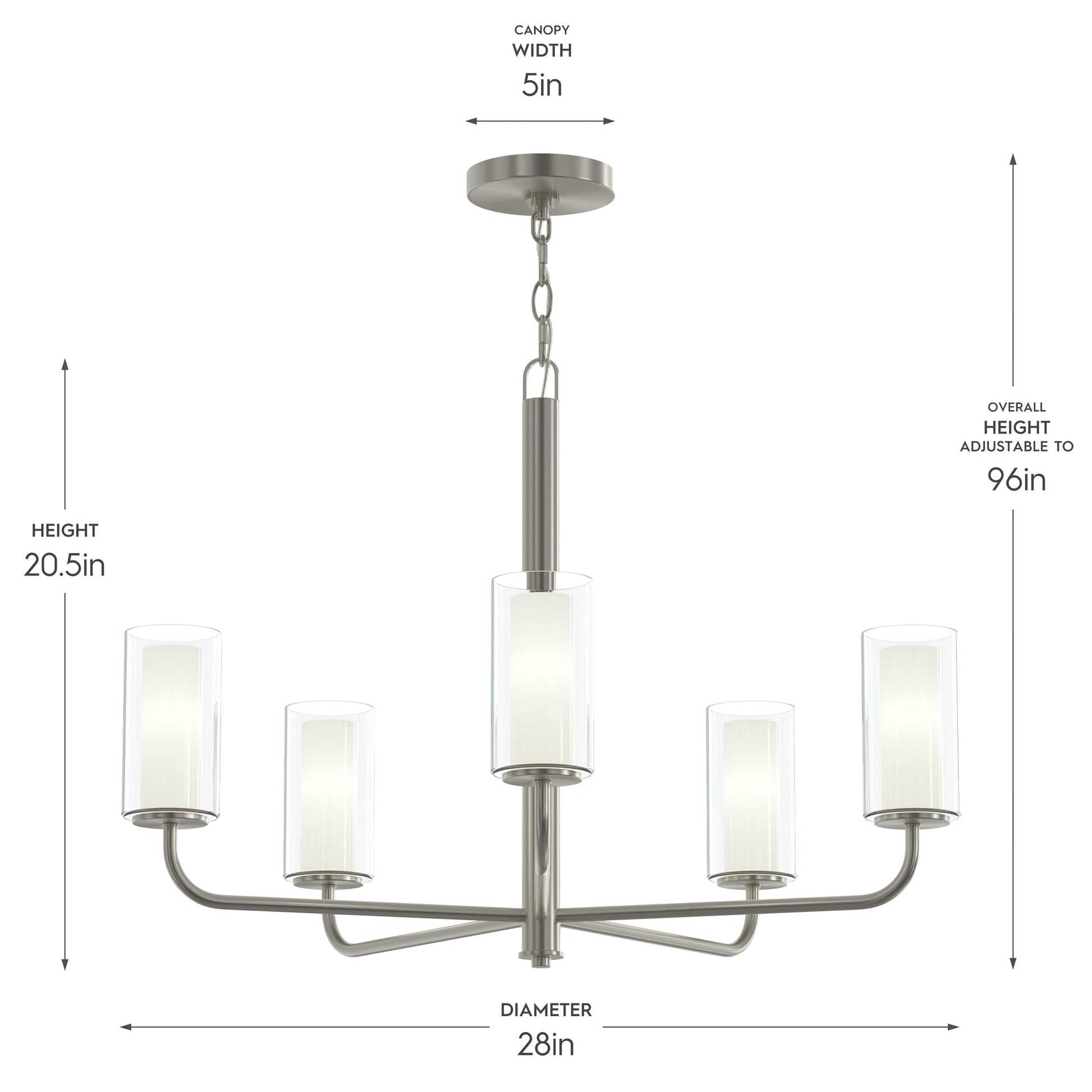 Progress Lighting P400475-009 Mack Chandelier dimensions diagram - 28 inch diameter, 20.5 inch height, adjustable to 96 inch