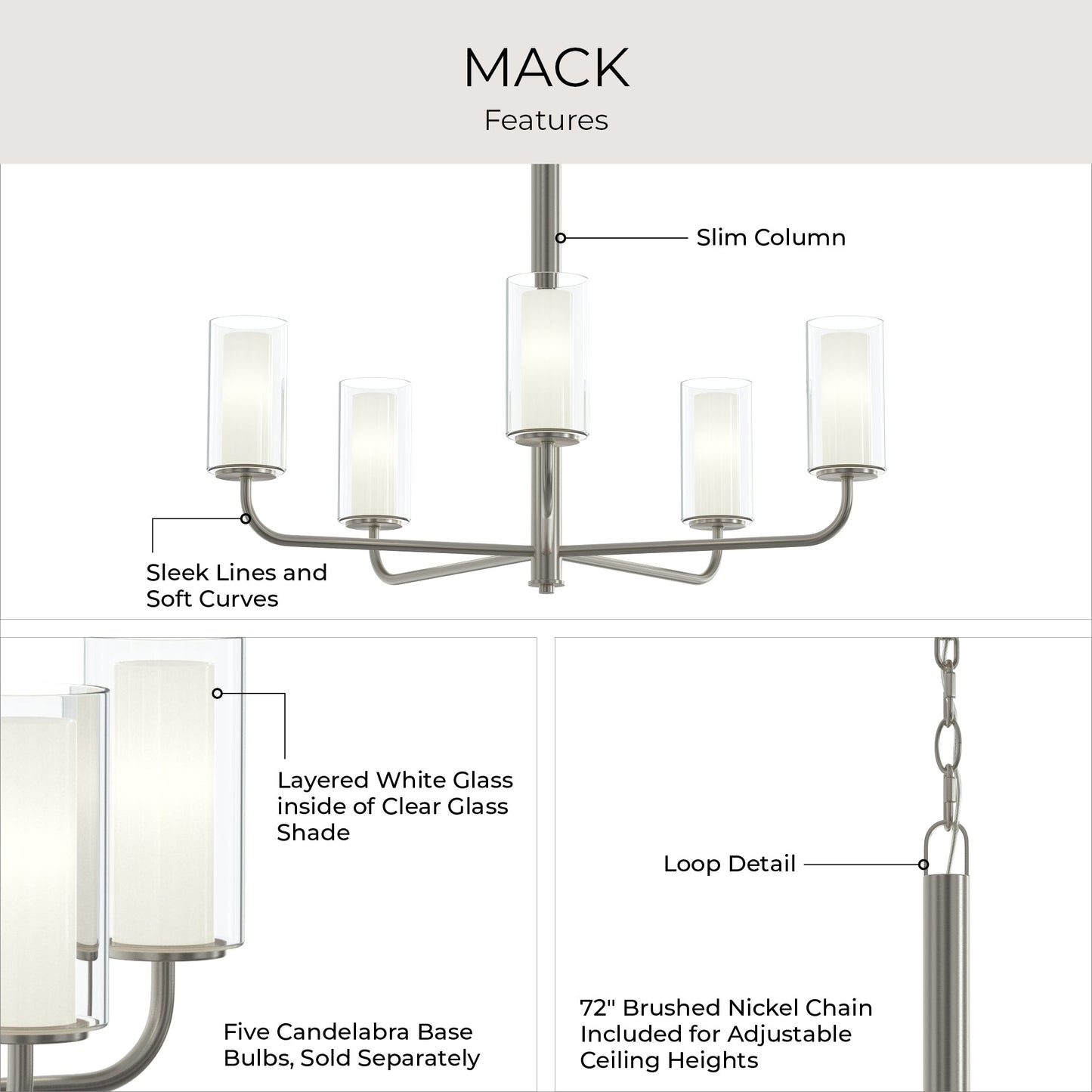 Progress Lighting P400475-009 Mack Chandelier feature infographic - layered glass shades, slim column, loop detail