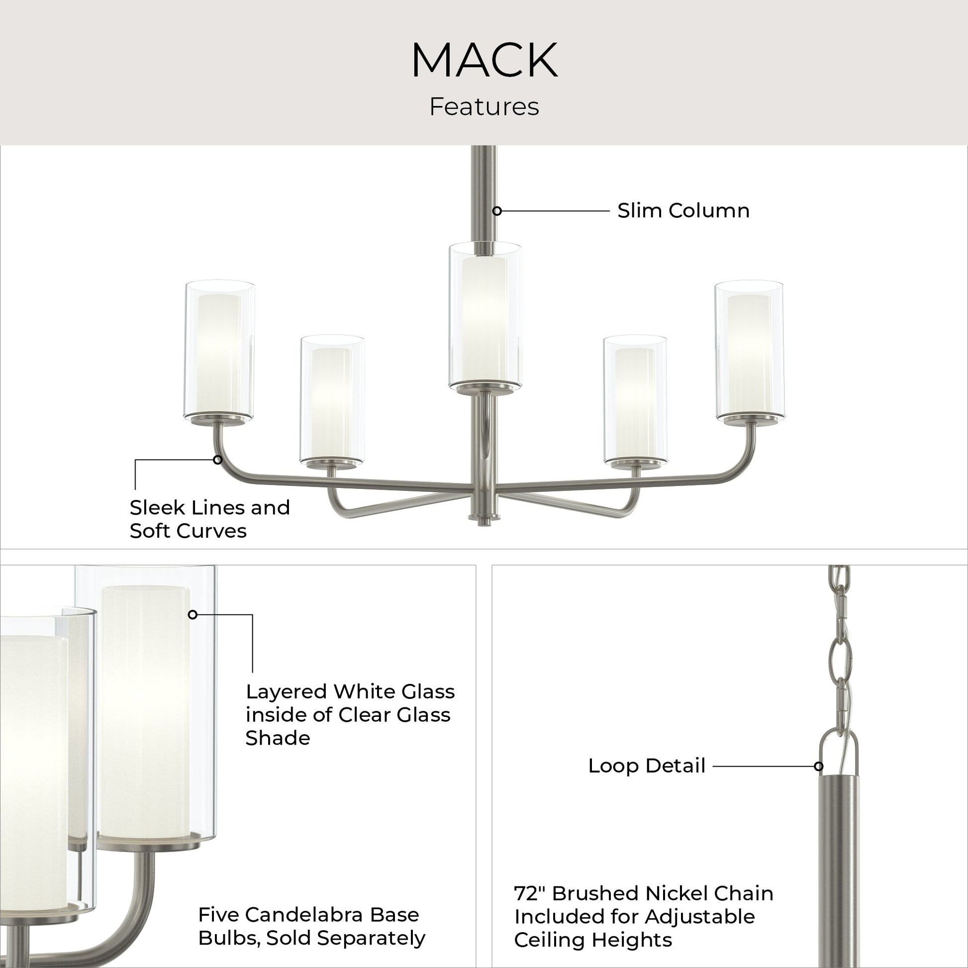 Progress Lighting P400475-009 Mack Chandelier feature infographic - layered glass shades, slim column, loop detail
