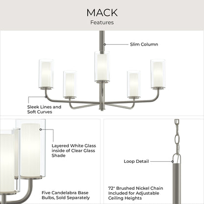 Progress Lighting P400475-009 Mack Chandelier feature infographic - layered glass shades, slim column, loop detail