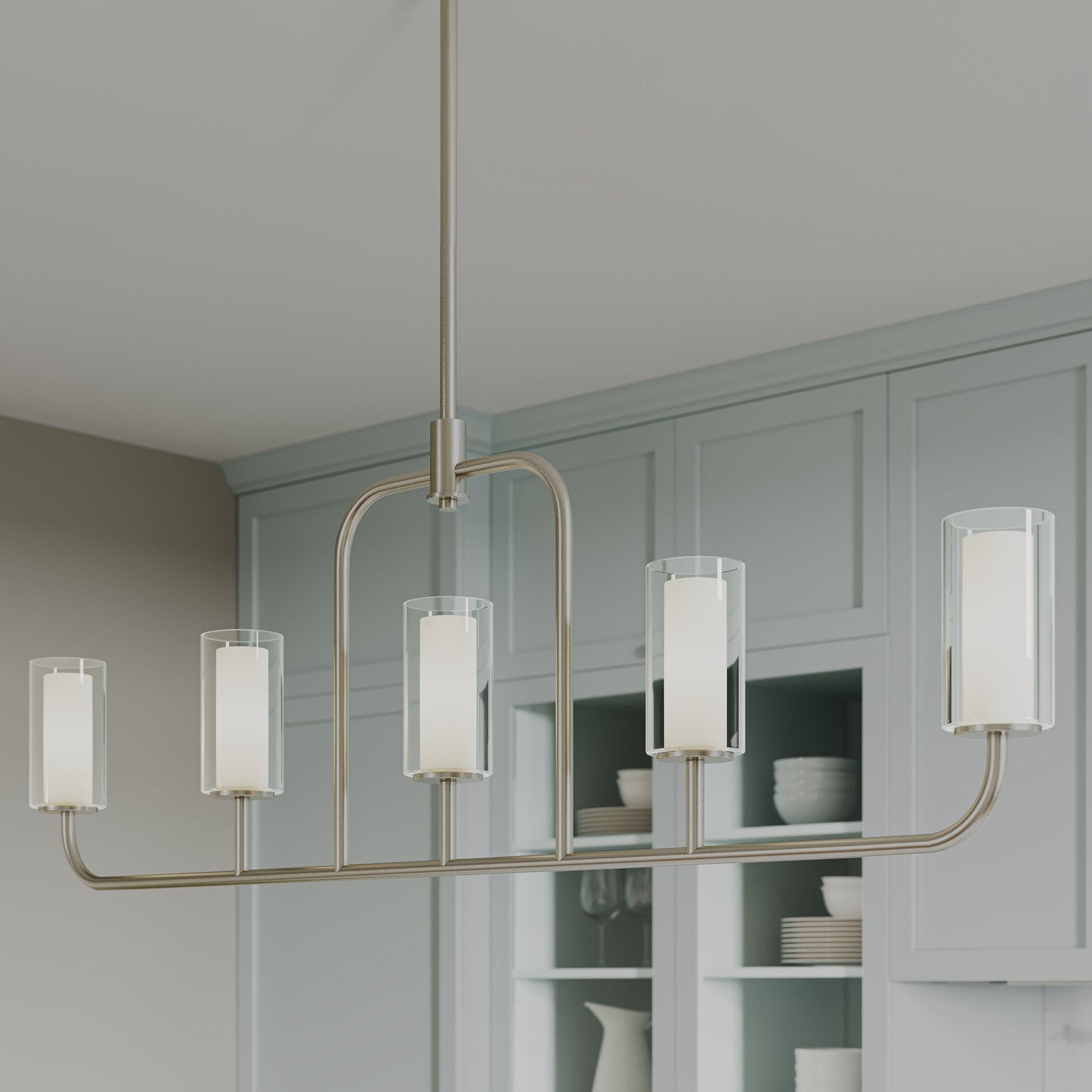 Progress Lighting P400476-009 Mack 5 Light Brushed Nickel Linear Chandelier - Kitchen Lifestyle Shot