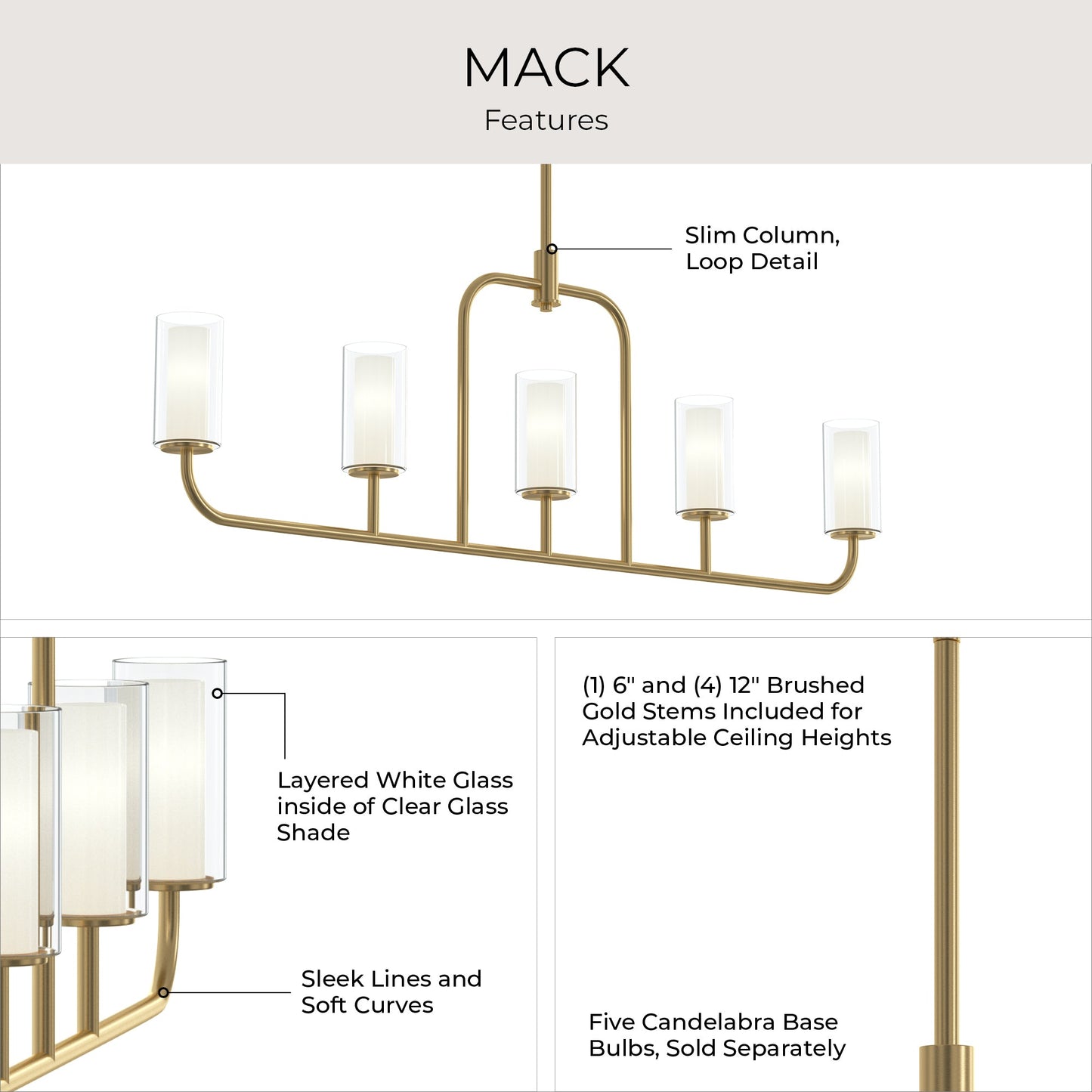 Progress Lighting P400476-191 Mack 5 Light Brushed Gold Linear Chandelier - Features Infographic