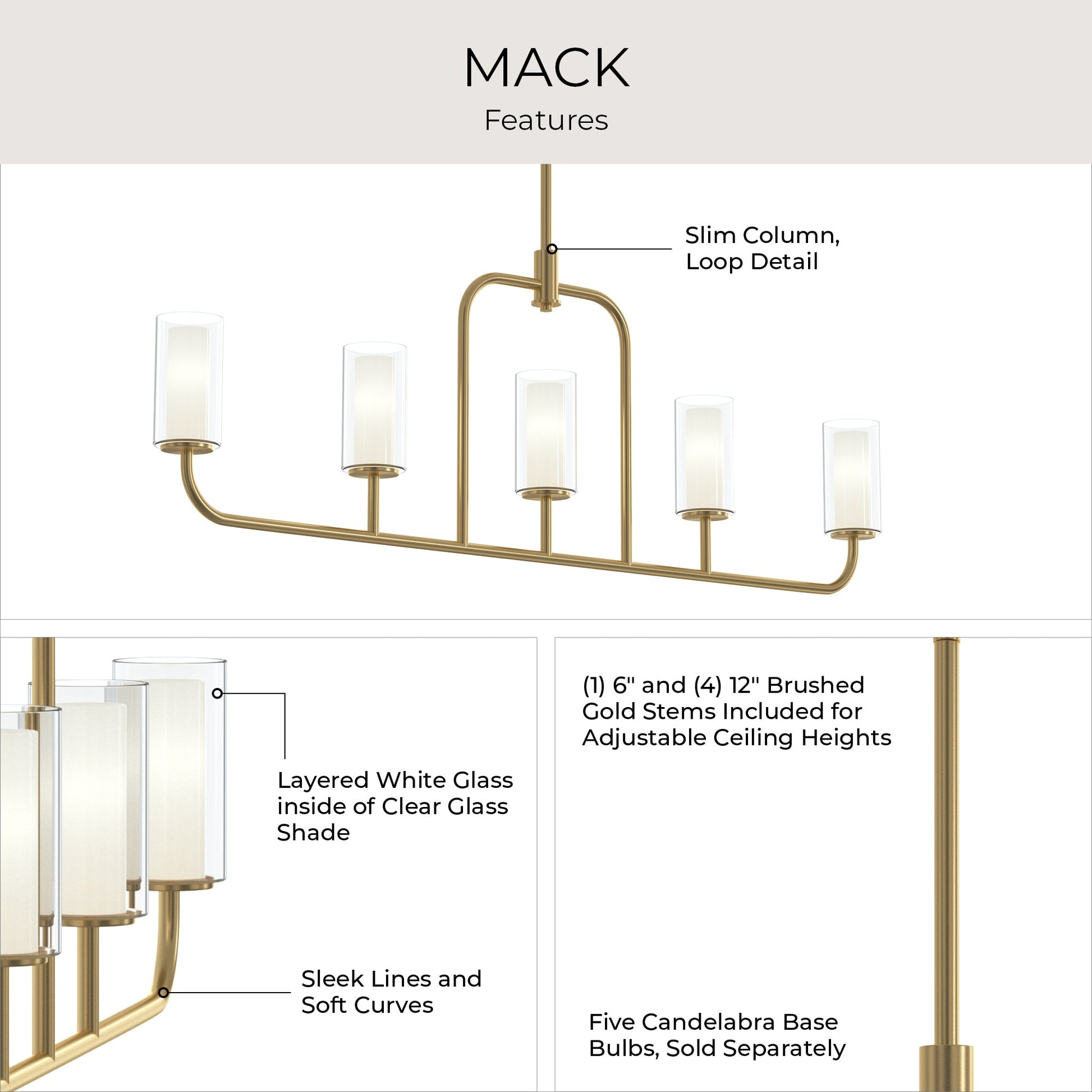 Progress Lighting P400476-191 Mack 5 Light Brushed Gold Linear Chandelier - Features Infographic
