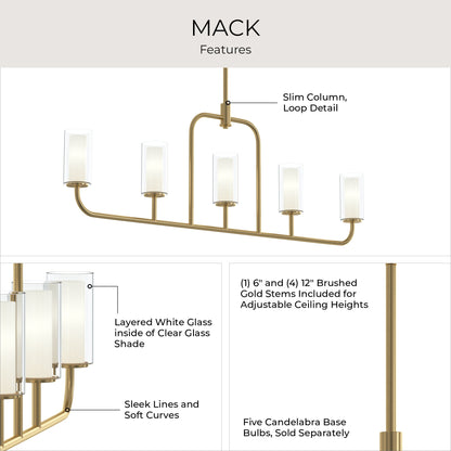 Progress Lighting P400476-191 Mack 5 Light Brushed Gold Linear Chandelier - Features Infographic