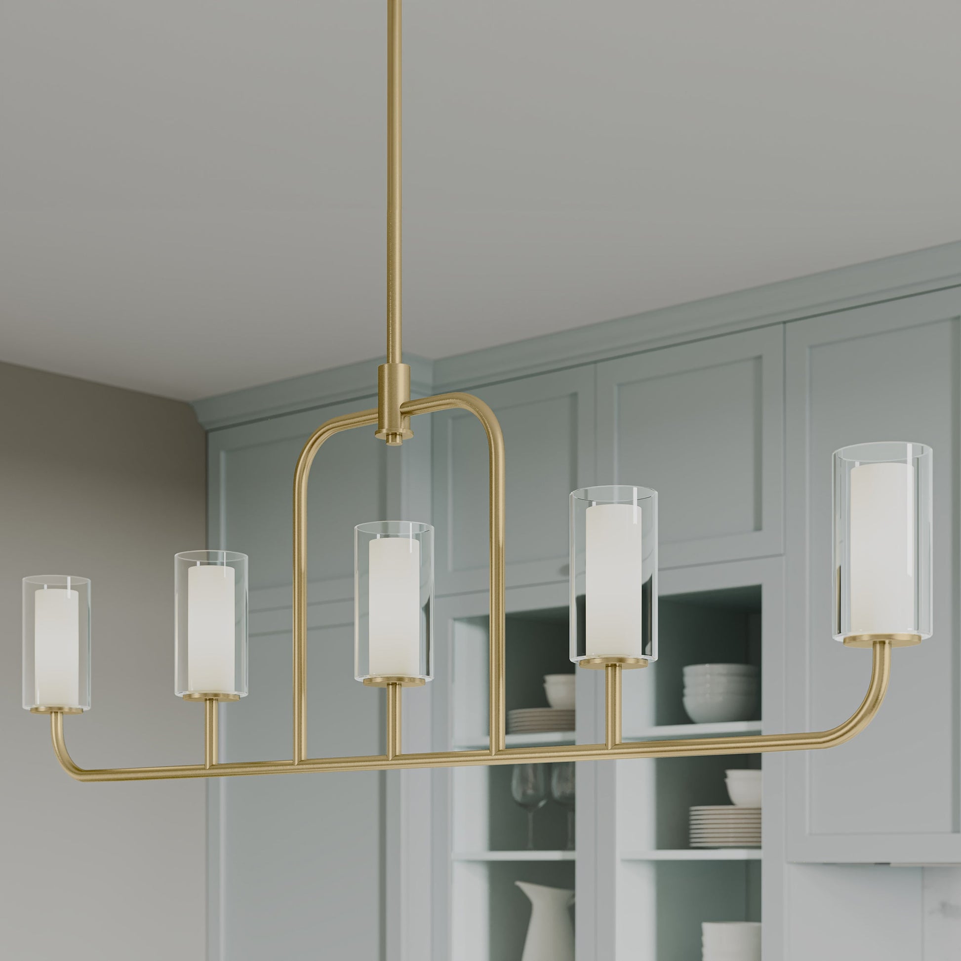 Progress Lighting P400476-191 Mack 5 Light Brushed Gold Linear Chandelier - Kitchen Lifestyle Shot
