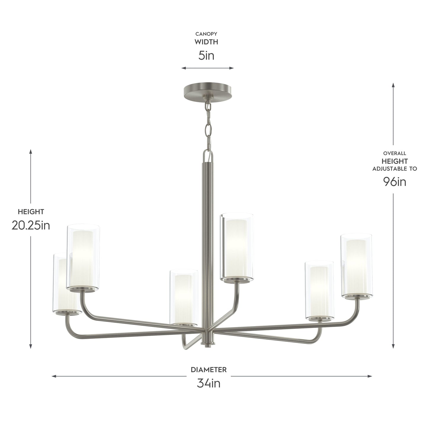 Progress Lighting P400477-009 Mack Chandelier dimensions diagram showing 34 inch diameter, 20.25 inch height, and 5 inch canopy width