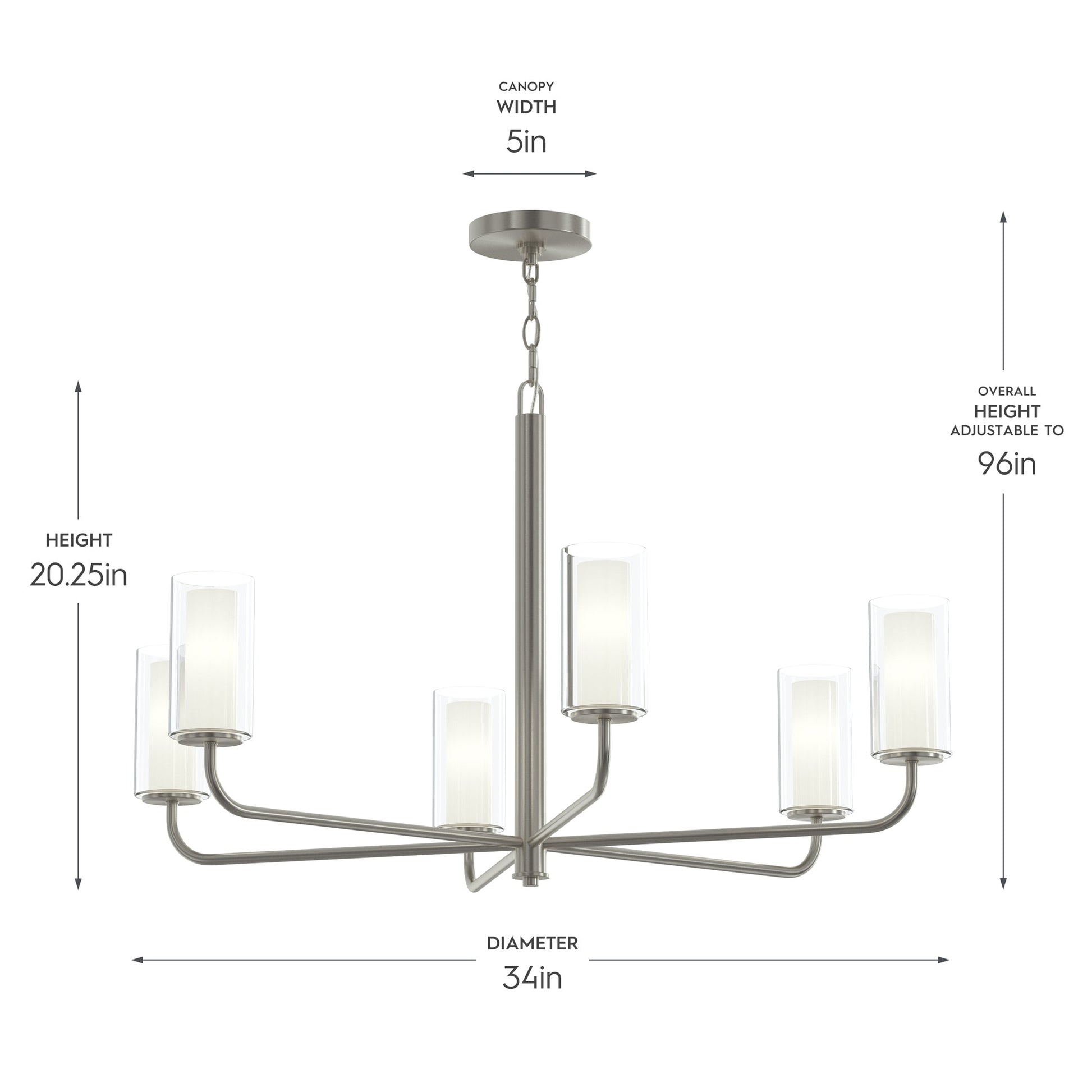 Progress Lighting P400477-009 Mack Chandelier dimensions diagram showing 34 inch diameter, 20.25 inch height, and 5 inch canopy width