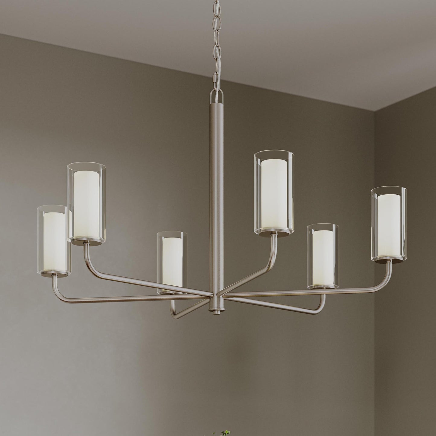 Progress Lighting P400477-009 Mack Brushed Nickel Chandelier shown installed in a dining room setting