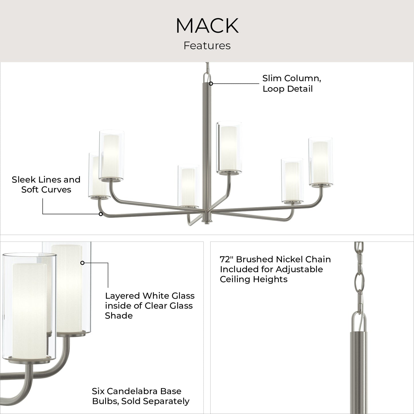 Progress Lighting P400477-009 Mack Chandelier features infographic highlighting layered glass shades, slim column loop detail, and adjustable chain