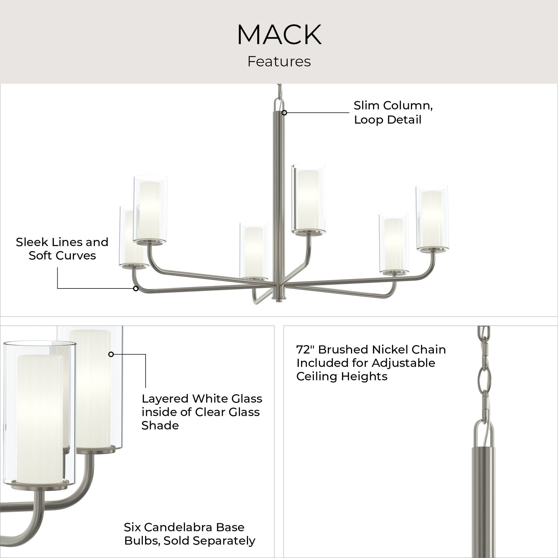 Progress Lighting P400477-009 Mack Chandelier features infographic highlighting layered glass shades, slim column loop detail, and adjustable chain