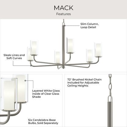 Progress Lighting P400477-009 Mack Chandelier features infographic highlighting layered glass shades, slim column loop detail, and adjustable chain