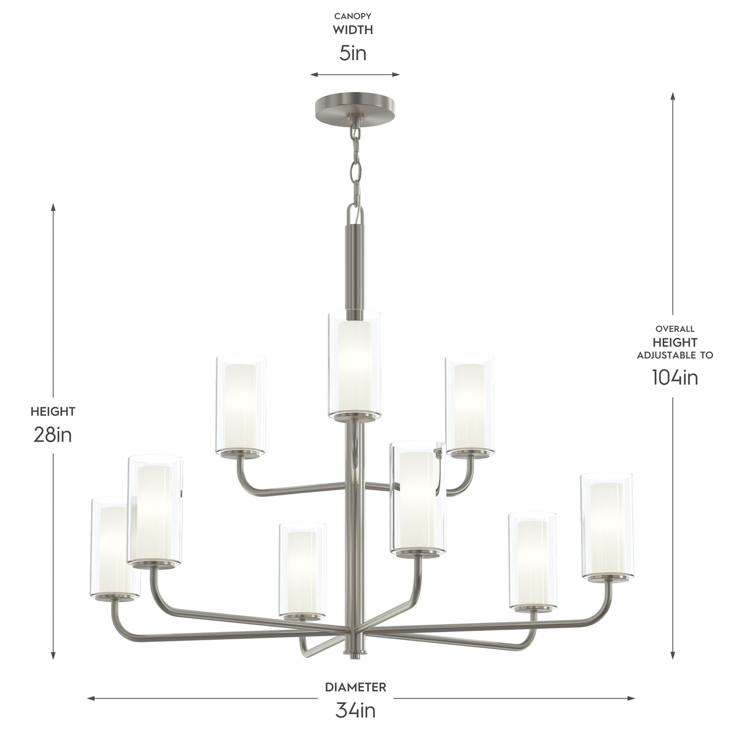 Progress Lighting P400478-009 Mack 9 Light Brushed Nickel Chandelier - Dimensions Diagram: 34in Diameter, 28in Height, 5in Canopy Width, Adjustable to 104in