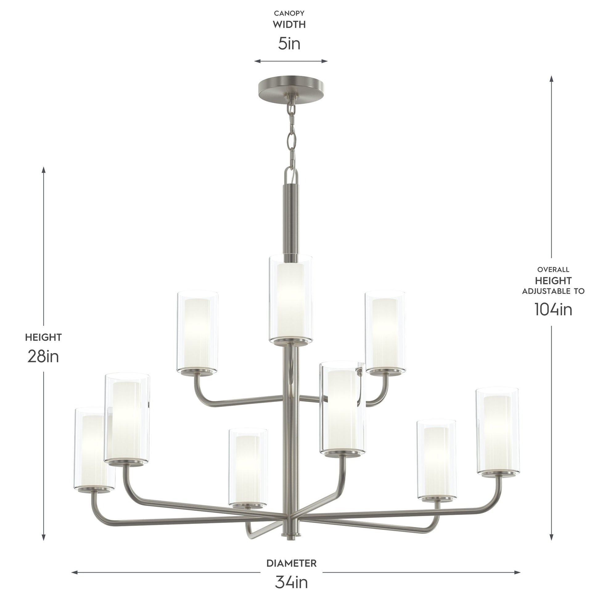 Progress Lighting P400478-009 Mack 9 Light Brushed Nickel Chandelier - Dimensions Diagram: 34in Diameter, 28in Height, 5in Canopy Width, Adjustable to 104in