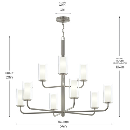 Progress Lighting P400478-009 Mack 9 Light Brushed Nickel Chandelier - Dimensions Diagram: 34in Diameter, 28in Height, 5in Canopy Width, Adjustable to 104in