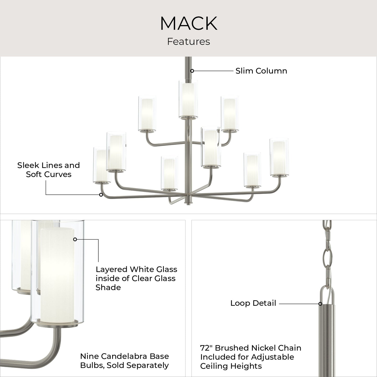 Progress Lighting P400478-009 Mack Chandelier - Features Infographic: Slim Column, Layered Glass Shades, Candelabra Base Bulbs, 72in Chain