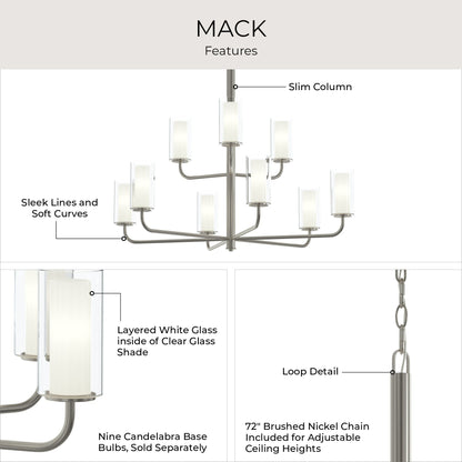 Progress Lighting P400478-009 Mack Chandelier - Features Infographic: Slim Column, Layered Glass Shades, Candelabra Base Bulbs, 72in Chain