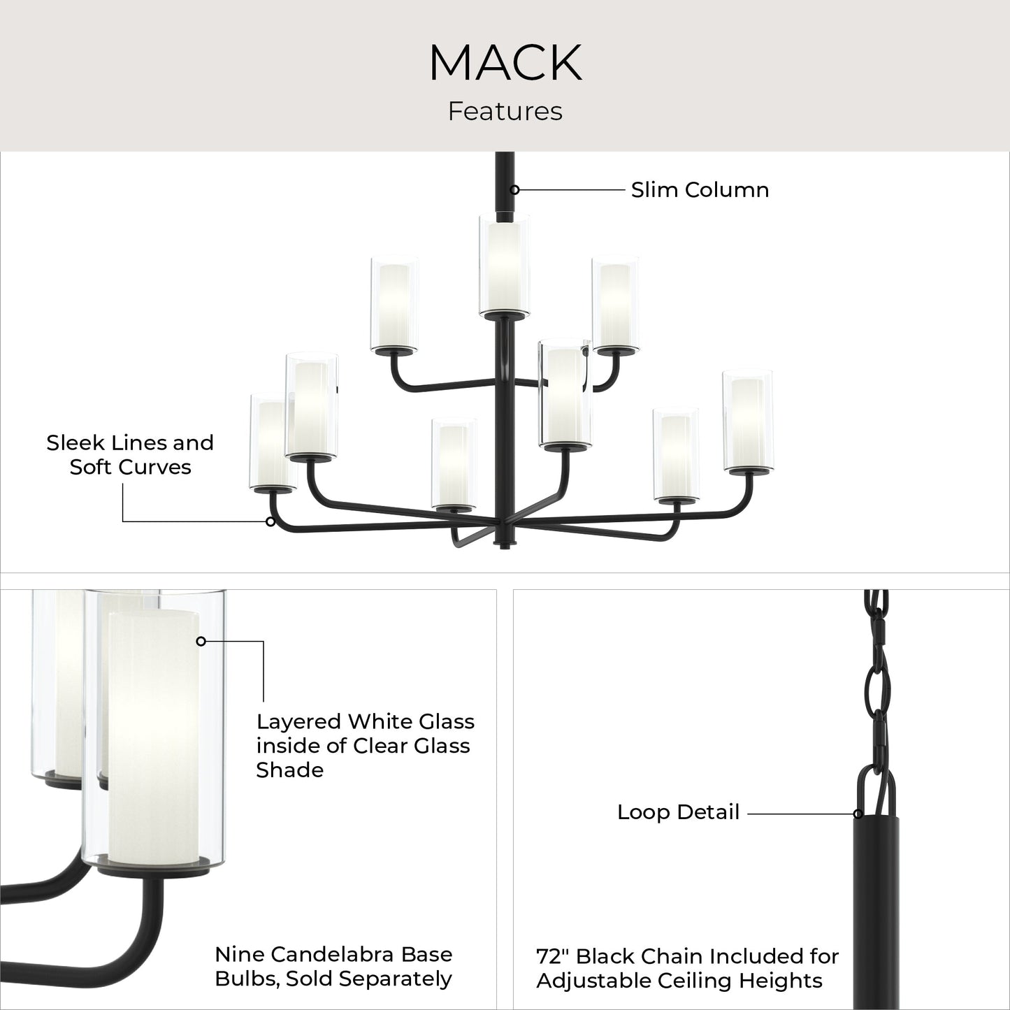 Progress Lighting P400478-31M Mack Chandelier Features Infographic - Layered Glass Shades and Slim Column