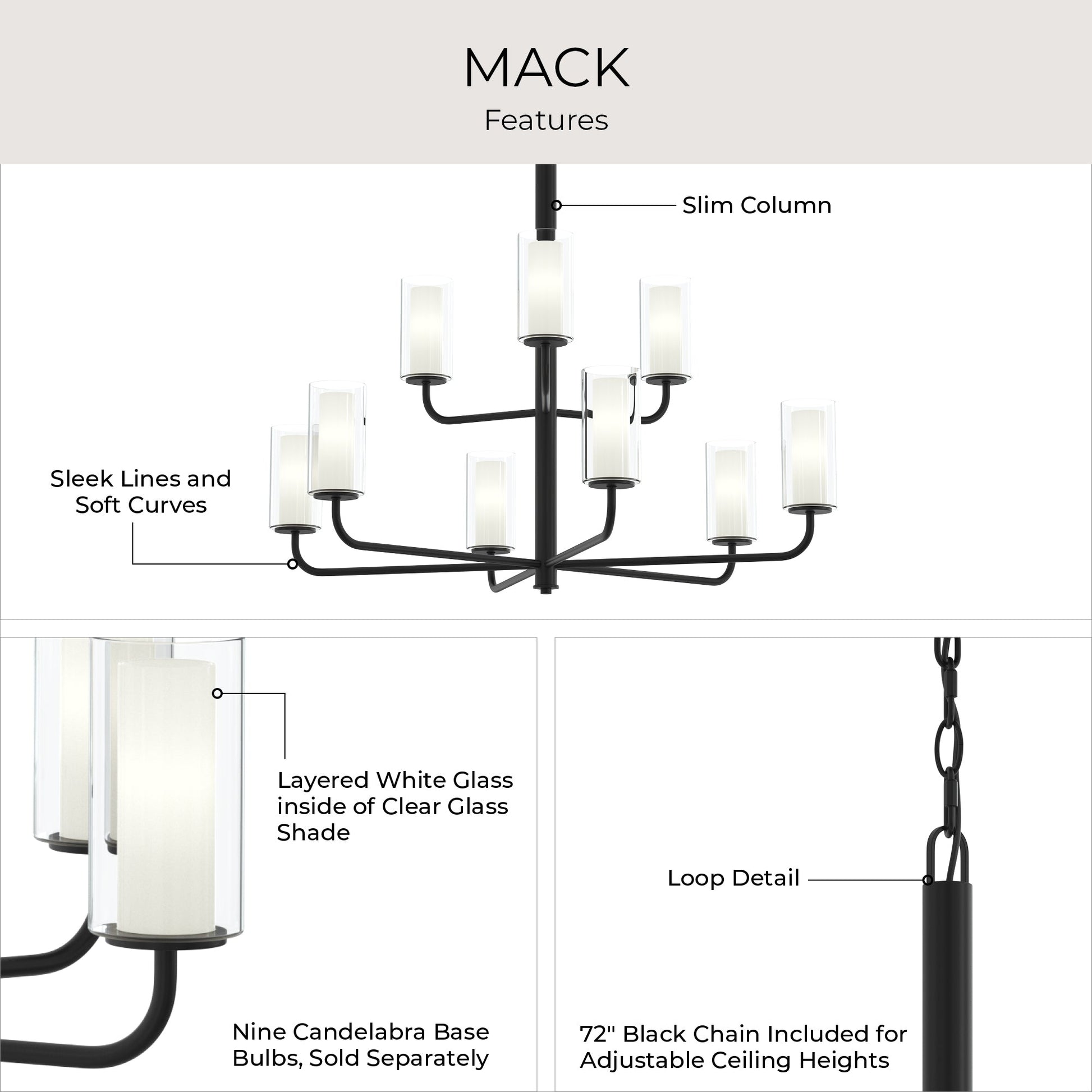 Progress Lighting P400478-31M Mack Chandelier Features Infographic - Layered Glass Shades and Slim Column