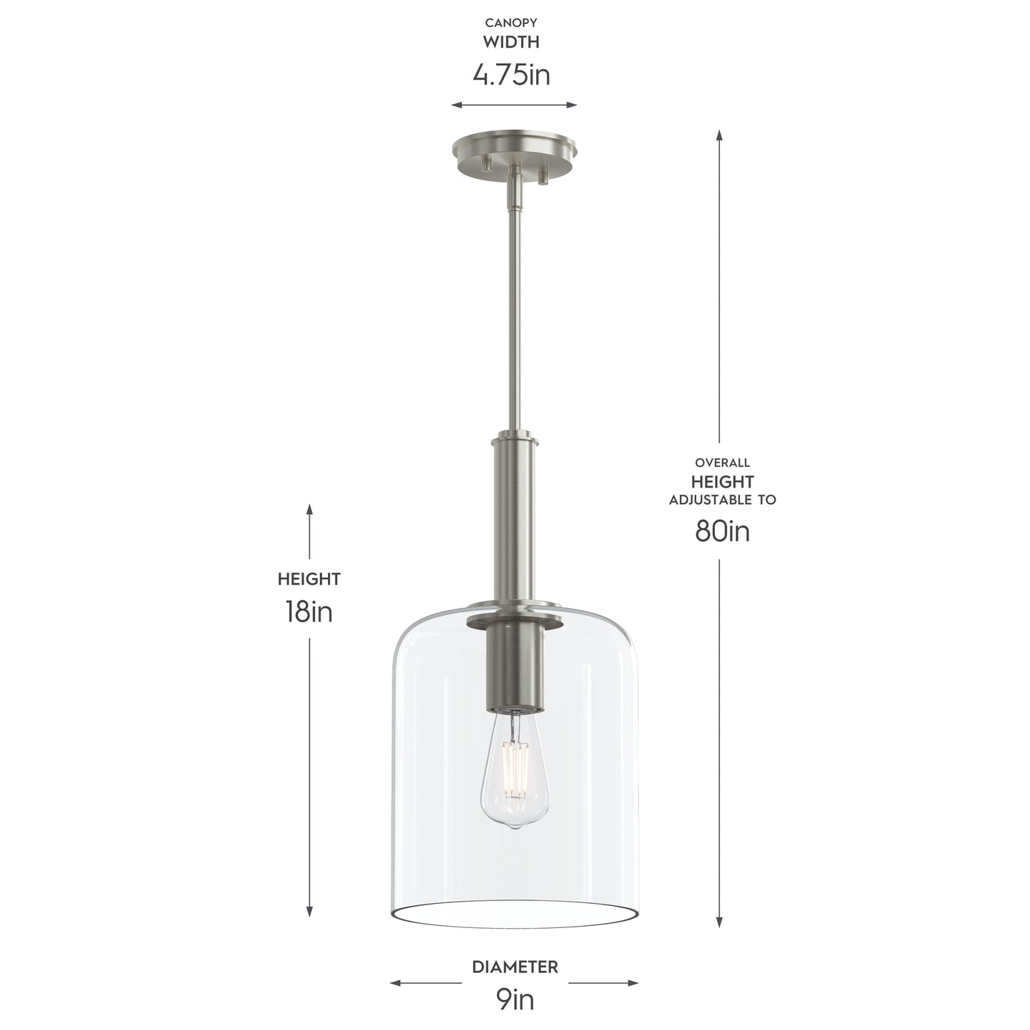 Progress Lighting P500509-009 Reines Pendant Dimensions - 9in Diameter, 18in Height, 80in Adjustable Height, 4.75in Canopy Width