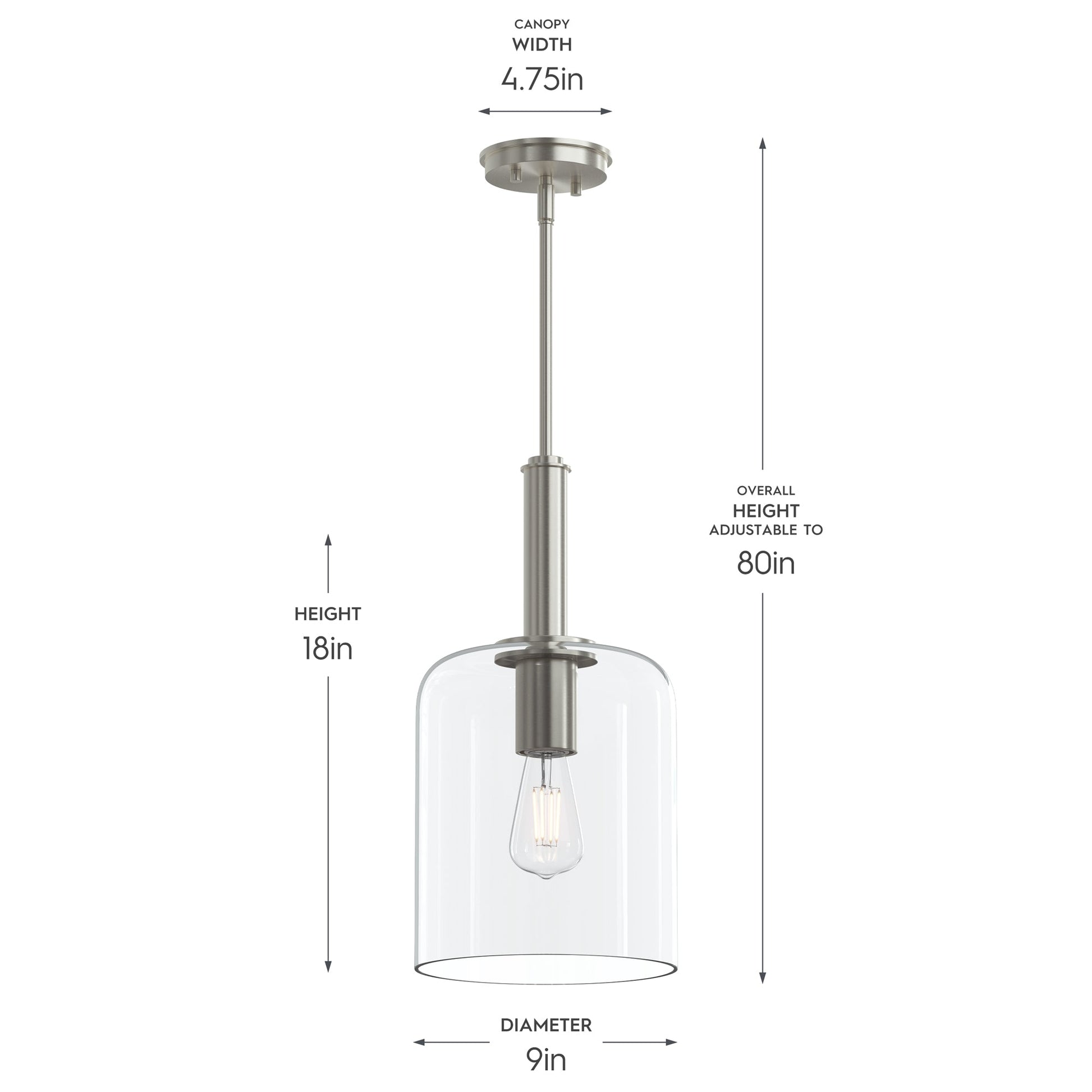Progress Lighting P500509-009 Reines Pendant Dimensions - 9in Diameter, 18in Height, 80in Adjustable Height, 4.75in Canopy Width