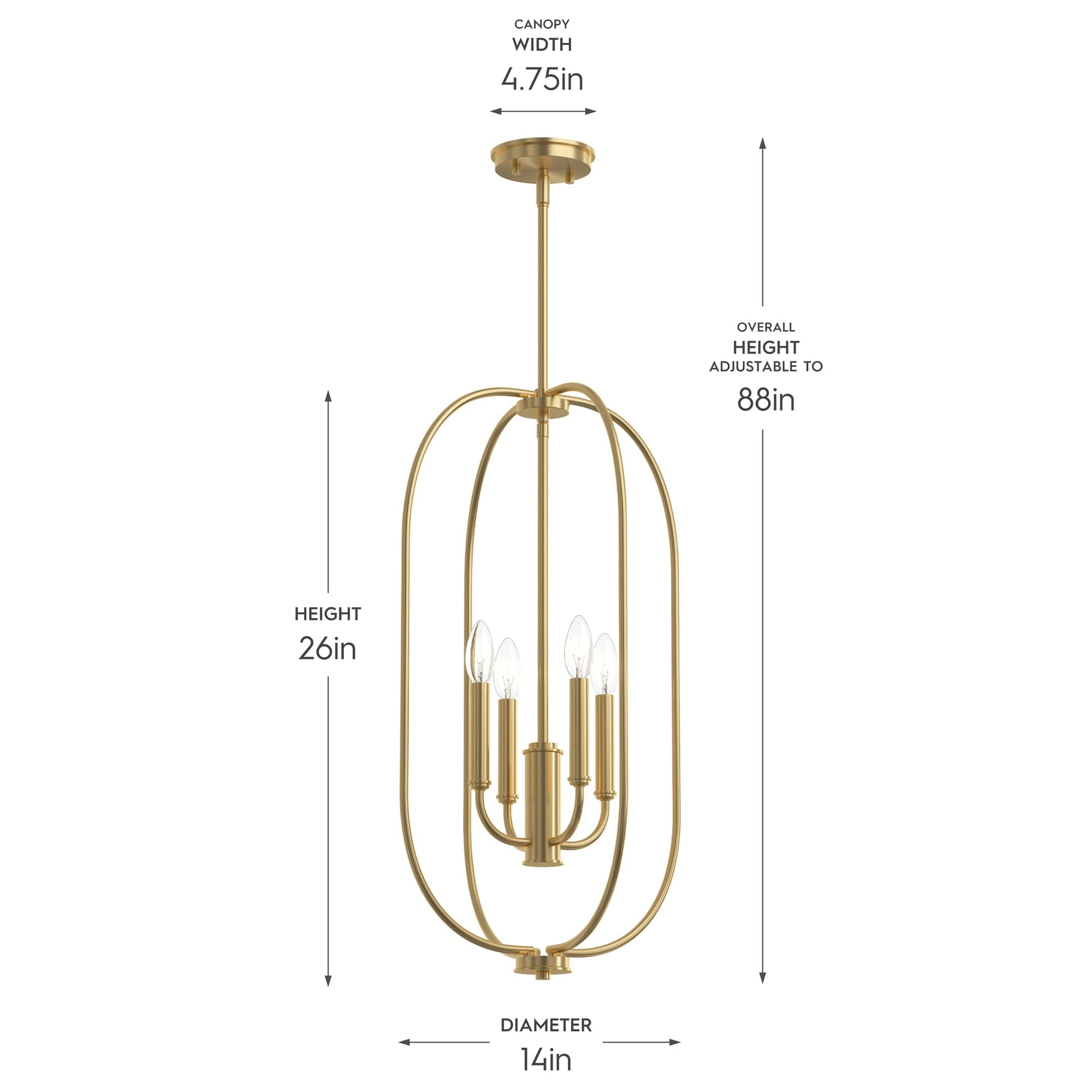 Progress Lighting P500510-191 Reines Brushed Gold Foyer Pendant dimensions diagram: 14in diameter, 26in height, 4.75in canopy, adjustable to 88in