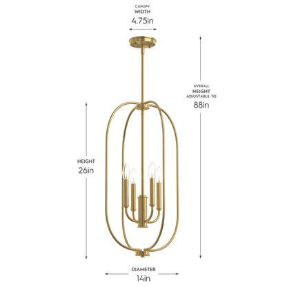 Progress Lighting P500510-191 Reines Brushed Gold Foyer Pendant dimensions diagram: 14in diameter, 26in height, 4.75in canopy, adjustable to 88in