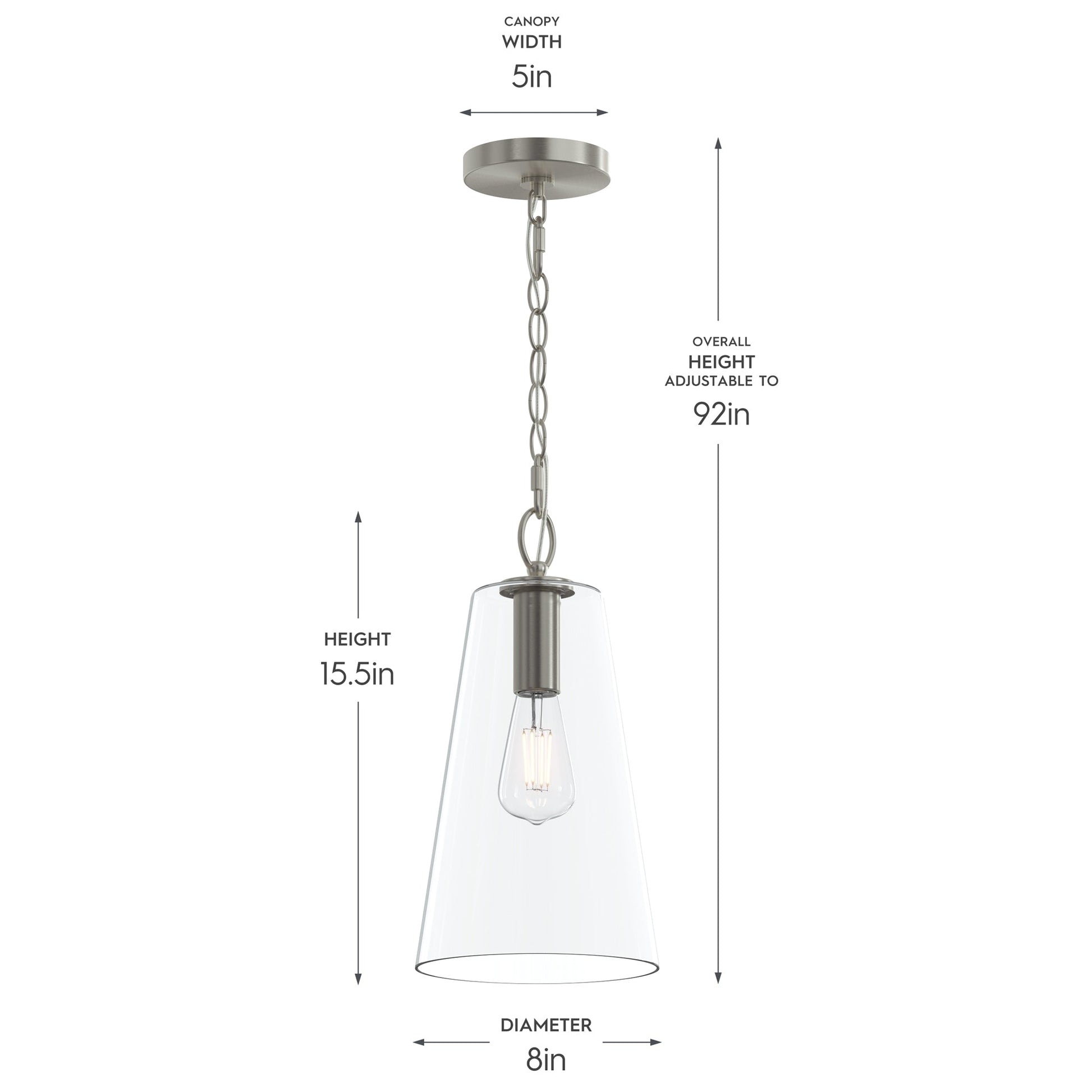 Progress Lighting P500511-009 Jheni Pendant - Dimensions Diagram (8in Diameter, 15.5in Height, 92in Max Adjustable Height)