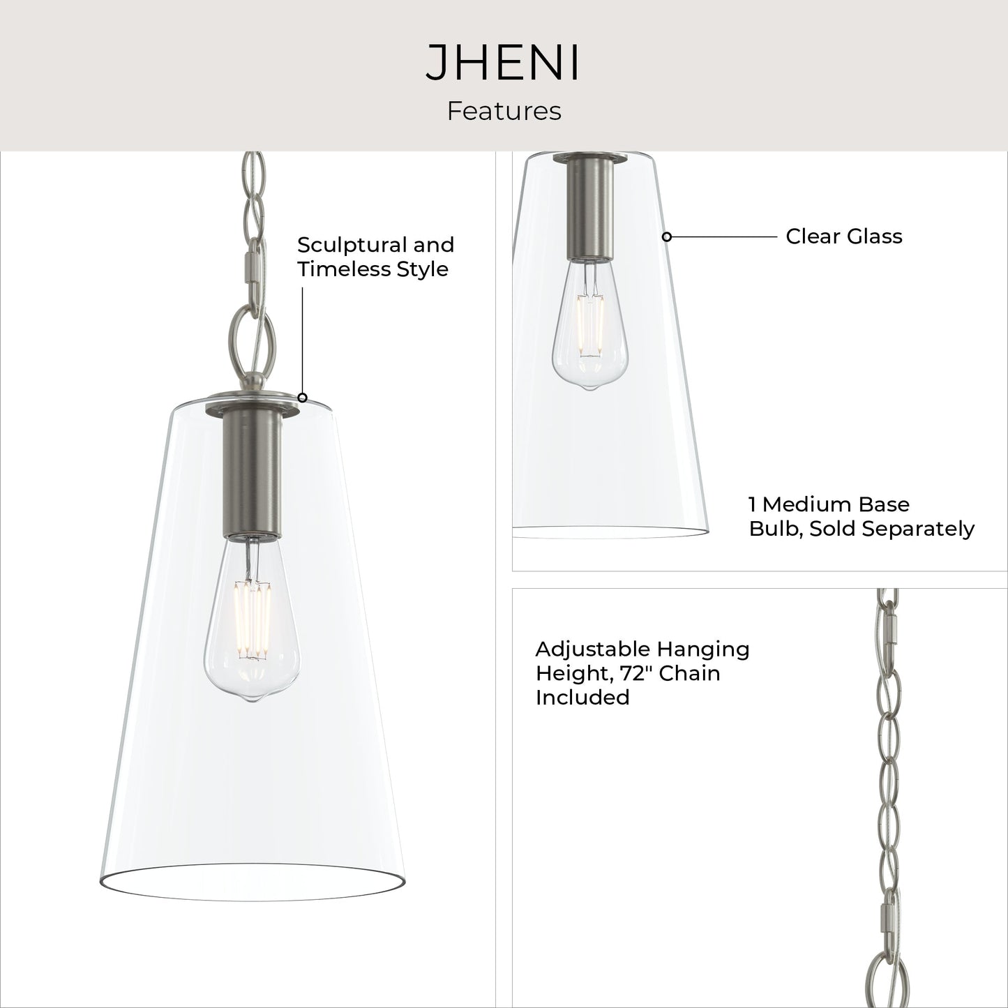 Progress Lighting P500511-009 Jheni Pendant - Feature Infographic: Clear Glass, Adjustable Chain, Medium Base