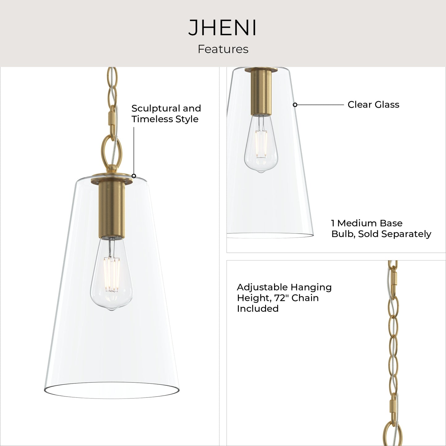 Progress Lighting P500511-191 Jheni Pendant Features Infographic: Clear Glass Shade, 1 Medium Base Bulb, 72in Chain Included