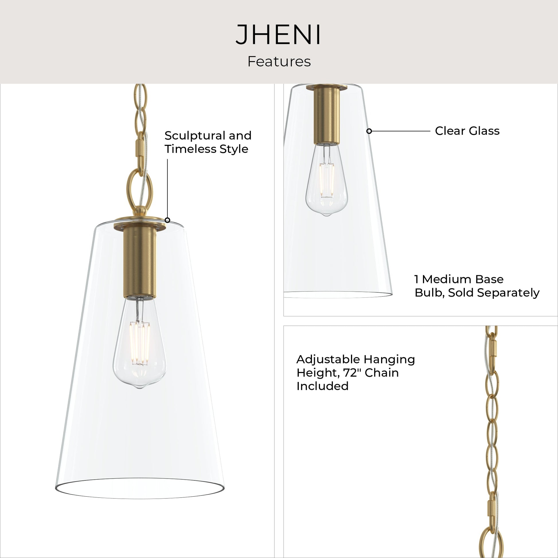 Progress Lighting P500511-191 Jheni Pendant Features Infographic: Clear Glass Shade, 1 Medium Base Bulb, 72in Chain Included