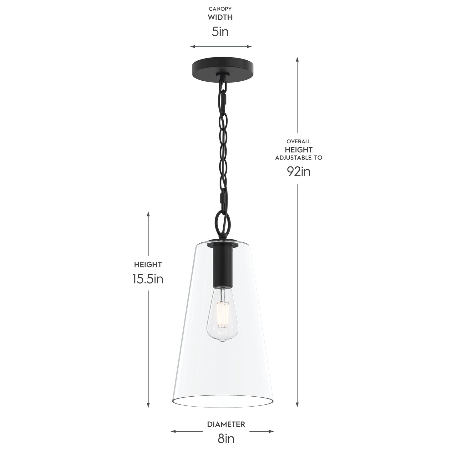 Progress Lighting P500511-31M Jheni Pendant Dimensions Diagram - 8in Diameter, 15.5in Height, 5in Canopy