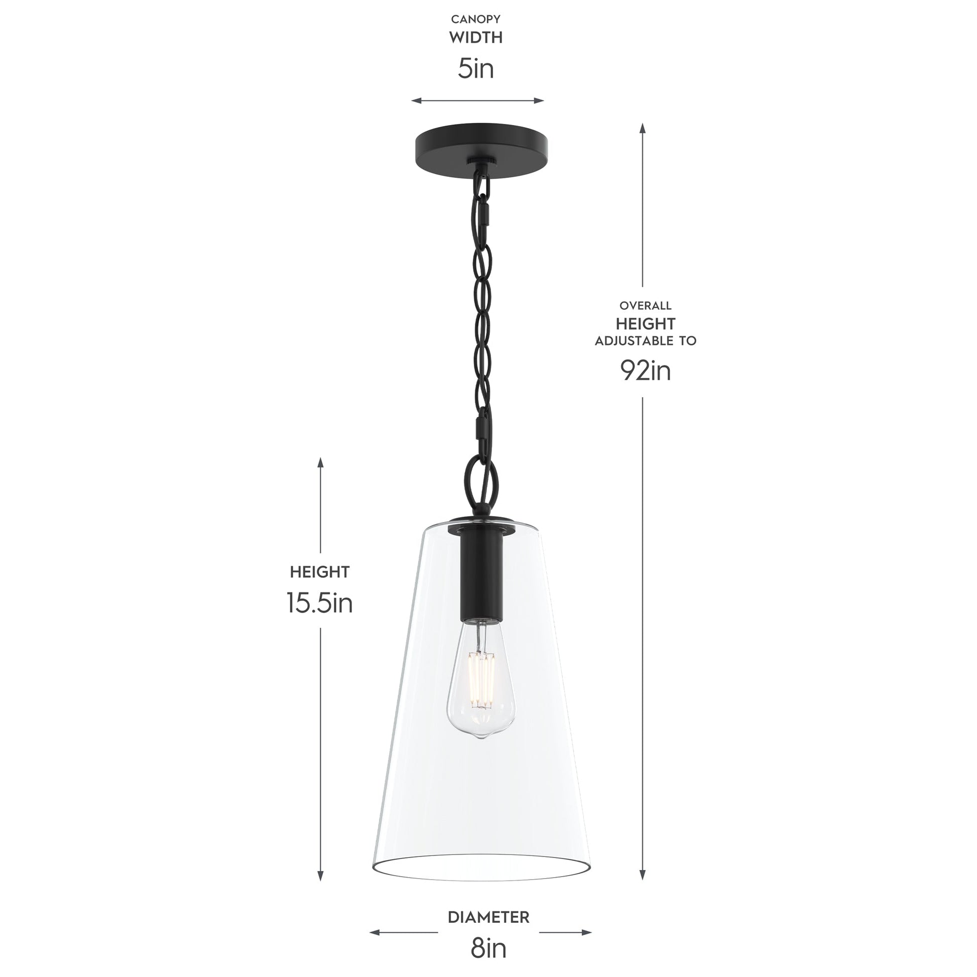 Progress Lighting P500511-31M Jheni Pendant Dimensions Diagram - 8in Diameter, 15.5in Height, 5in Canopy