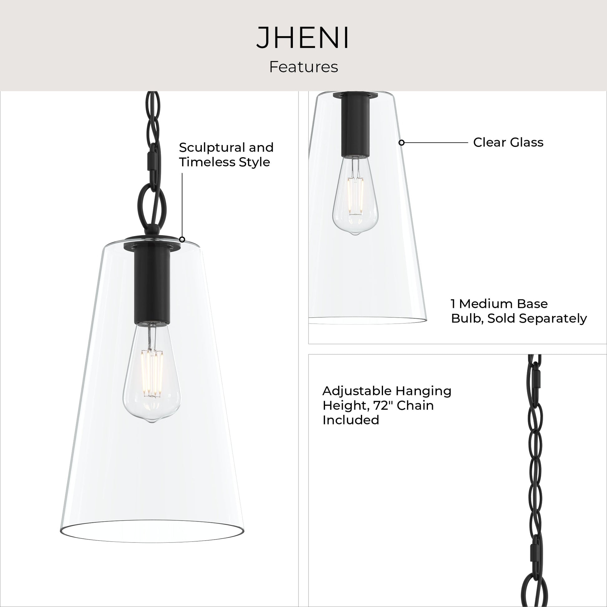 Progress Lighting P500511-31M Jheni Pendant Features Infographic - Clear Glass, Adjustable Chain