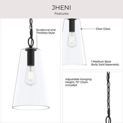 Progress Lighting P500511-31M Jheni Pendant Features Infographic - Clear Glass, Adjustable Chain