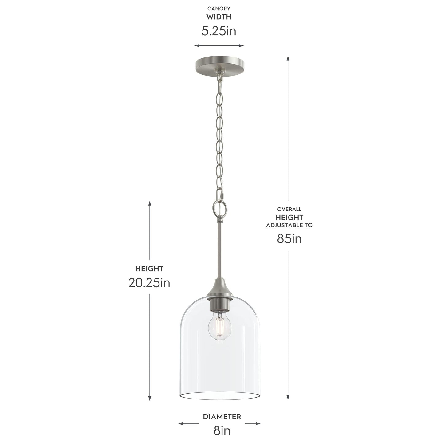 Progress Lighting P500514-009 Ilia Pendant dimensions diagram - 8in diameter, 20.25in height, adjustable to 85in