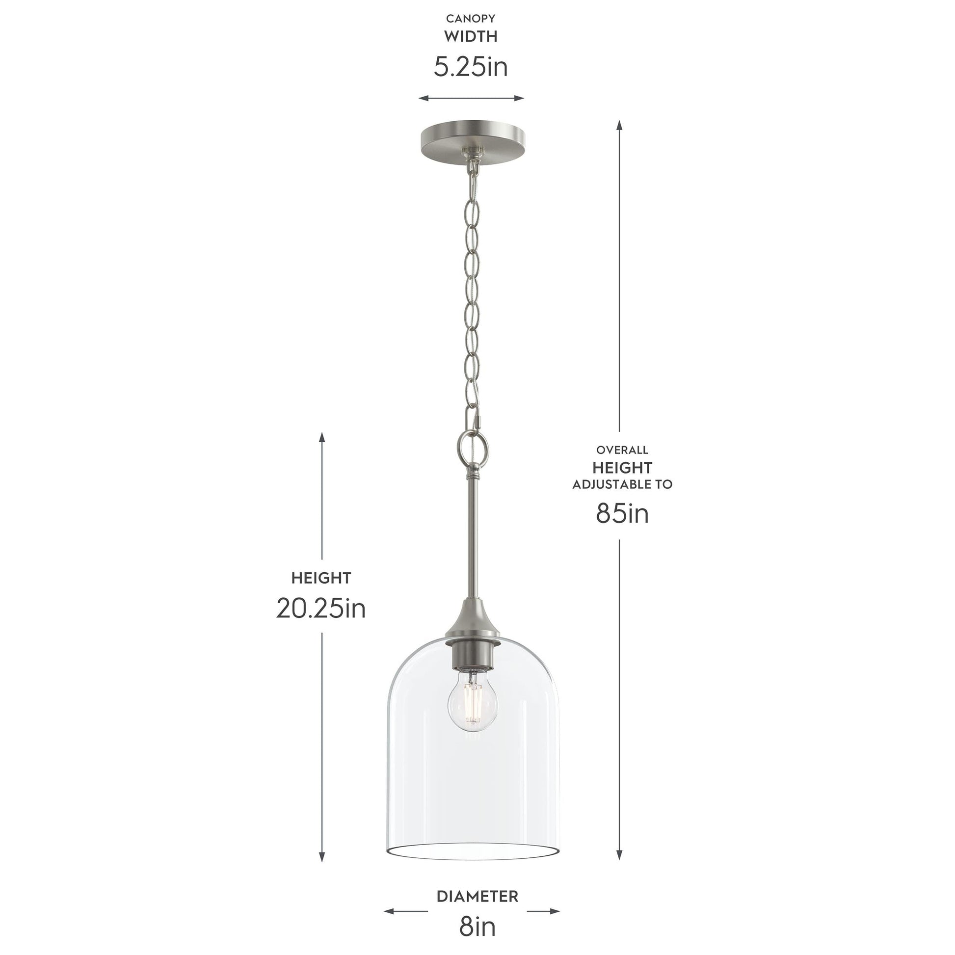 Progress Lighting P500514-009 Ilia Pendant dimensions diagram - 8in diameter, 20.25in height, adjustable to 85in