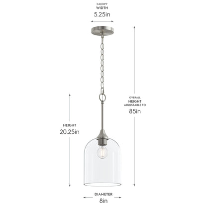 Progress Lighting P500514-009 Ilia Pendant dimensions diagram - 8in diameter, 20.25in height, adjustable to 85in