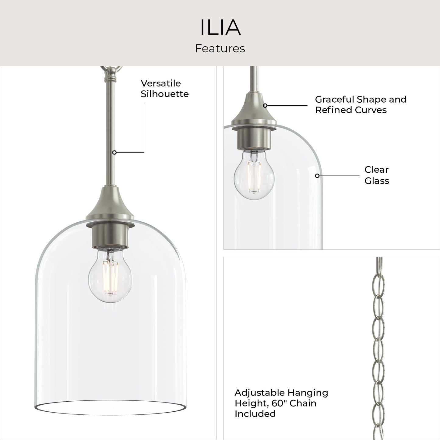 Progress Lighting P500514-009 Ilia Pendant features infographic - clear glass, adjustable hanging height, 60in chain