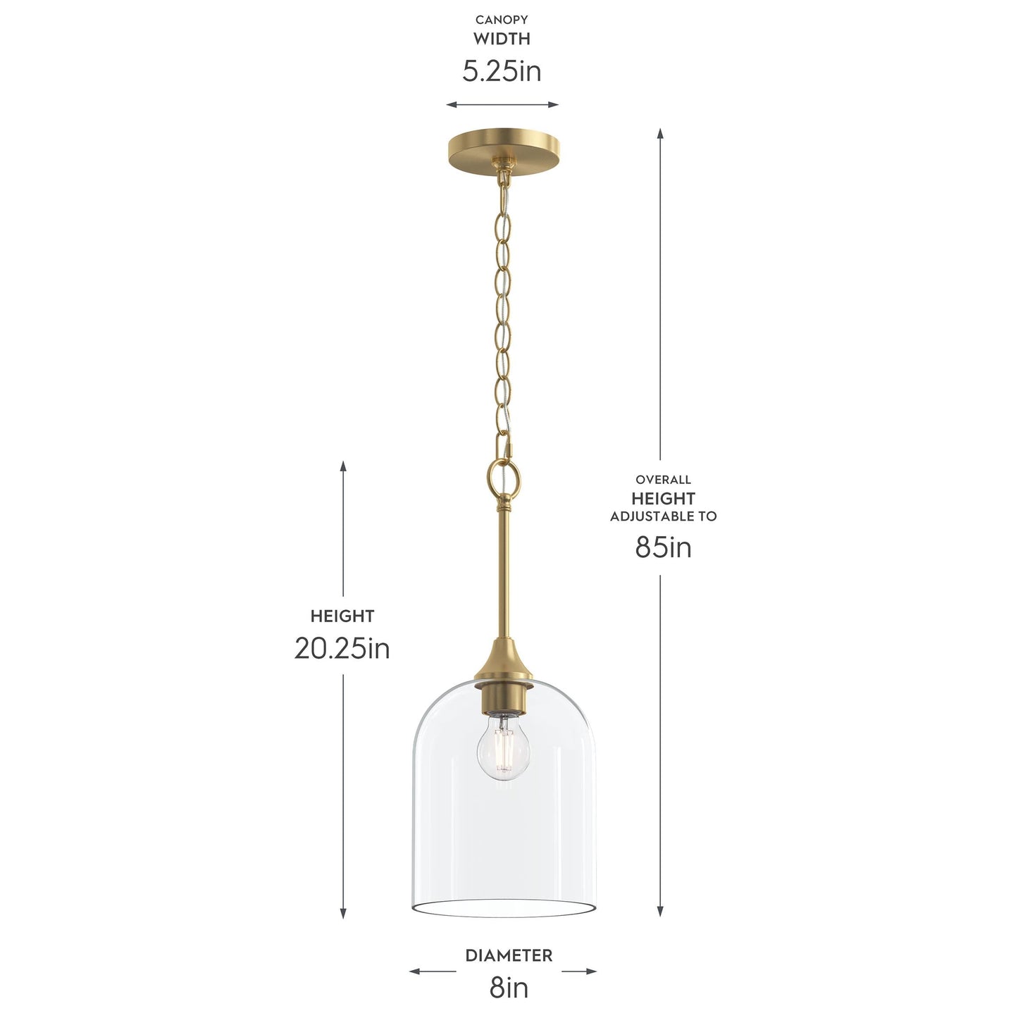 Progress Lighting P500514-191 Ilia Pendant dimensions: 8 inch diameter, 20.25 inch height, 5.25 inch canopy, adjustable to 85 inches overall