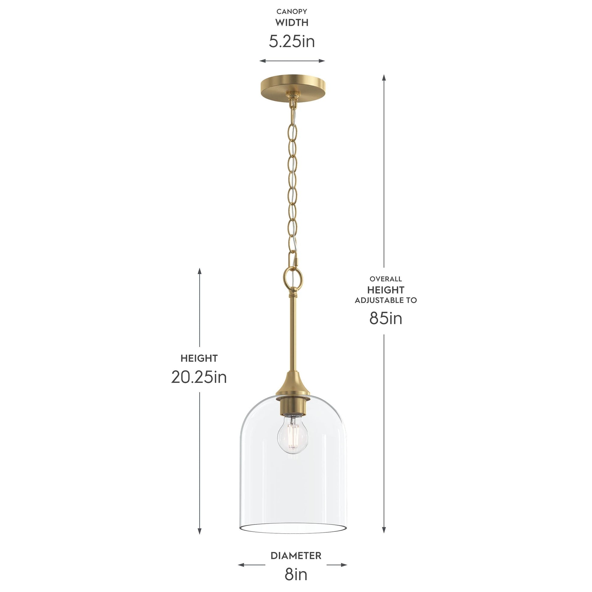 Progress Lighting P500514-191 Ilia Pendant dimensions: 8 inch diameter, 20.25 inch height, 5.25 inch canopy, adjustable to 85 inches overall