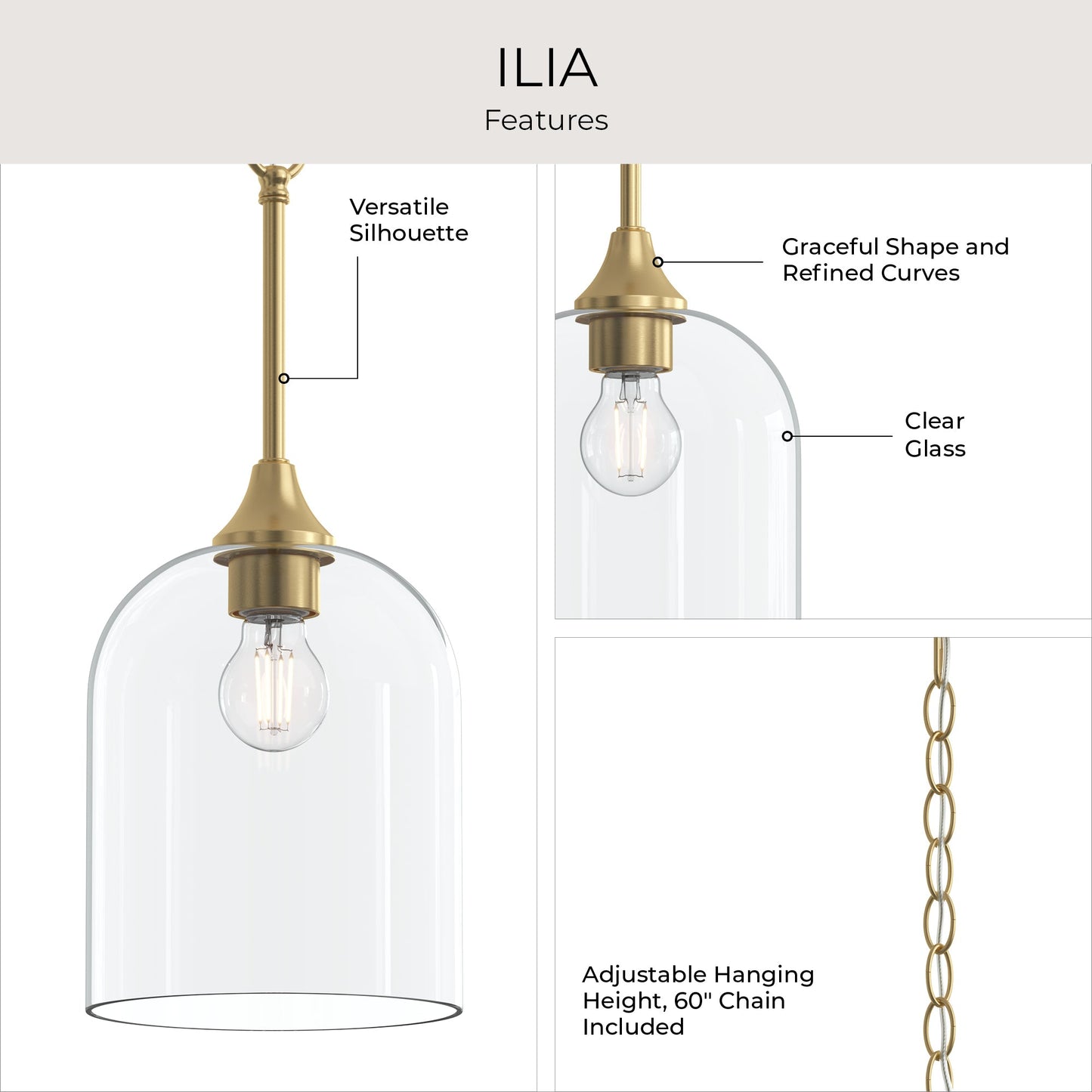 Progress Lighting Ilia P500514-191 features infographic: versatile silhouette, clear glass shade, adjustable 60 inch chain