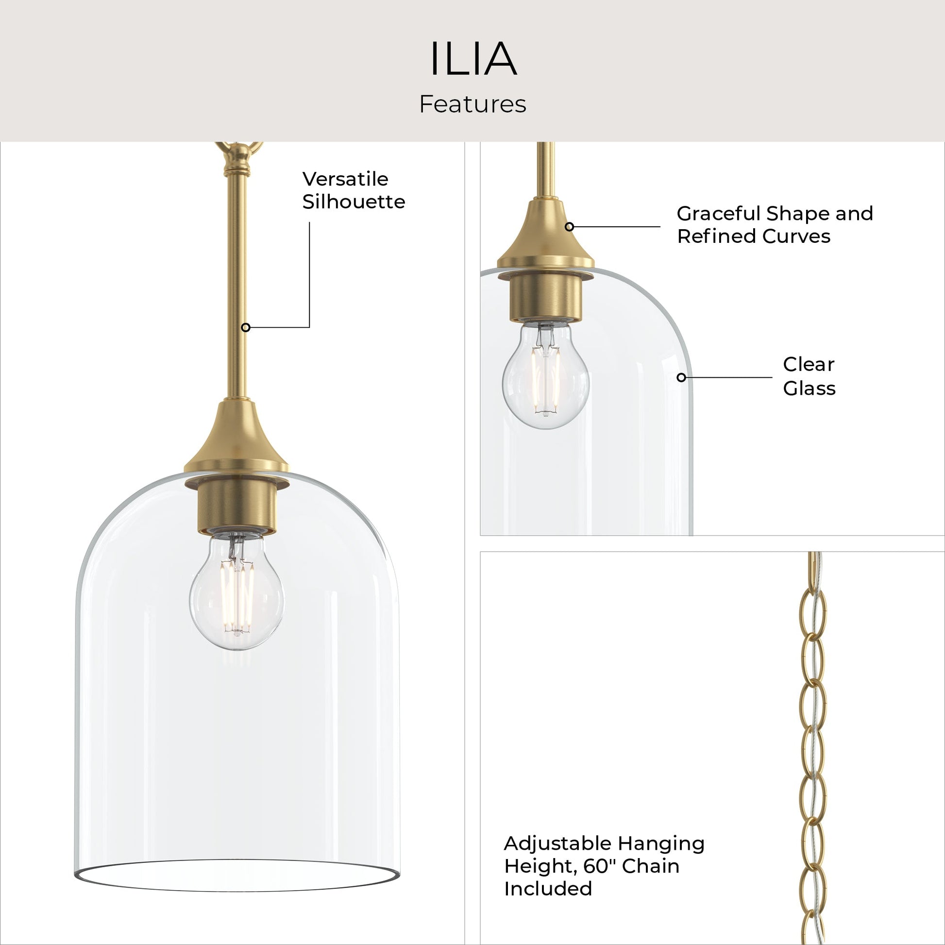 Progress Lighting Ilia P500514-191 features infographic: versatile silhouette, clear glass shade, adjustable 60 inch chain