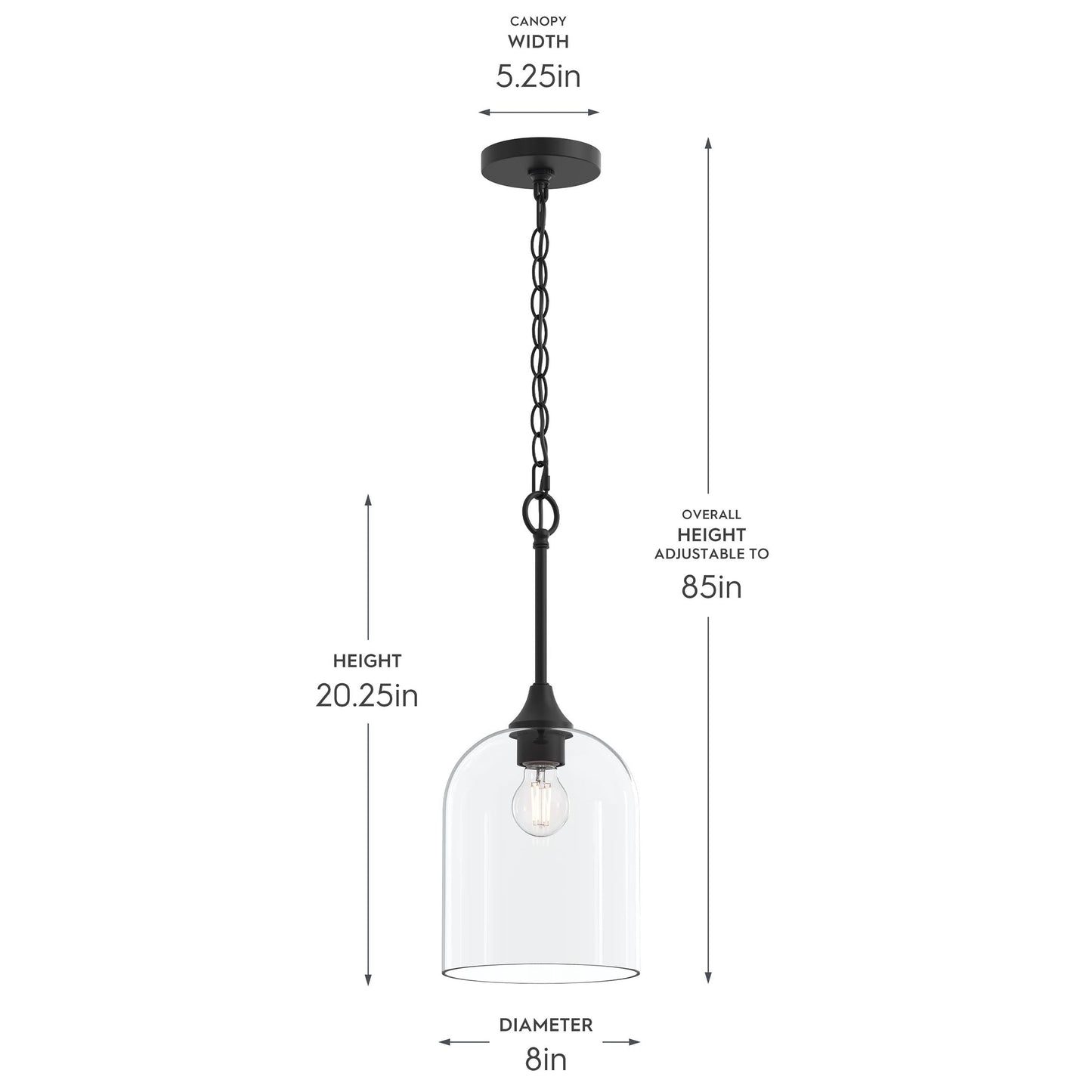 Progress Lighting P500514-31M Ilia Pendant Dimensions Diagram - 8in Diameter 20.25in Height