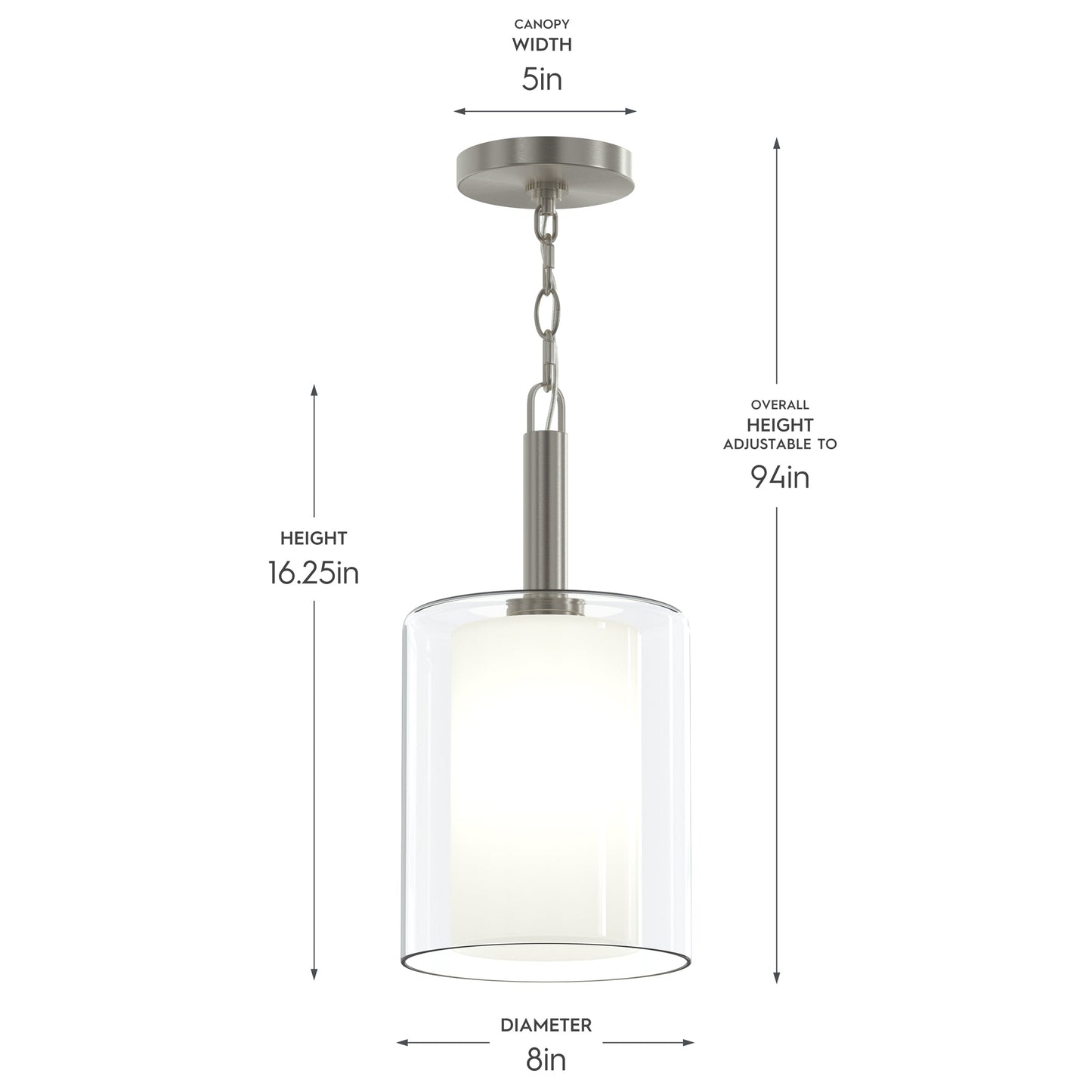 Progress Lighting P500515-009 Mack Pendant dimensions diagram - 8in diameter, 16.25in height, 5in canopy, adjustable to 94in
