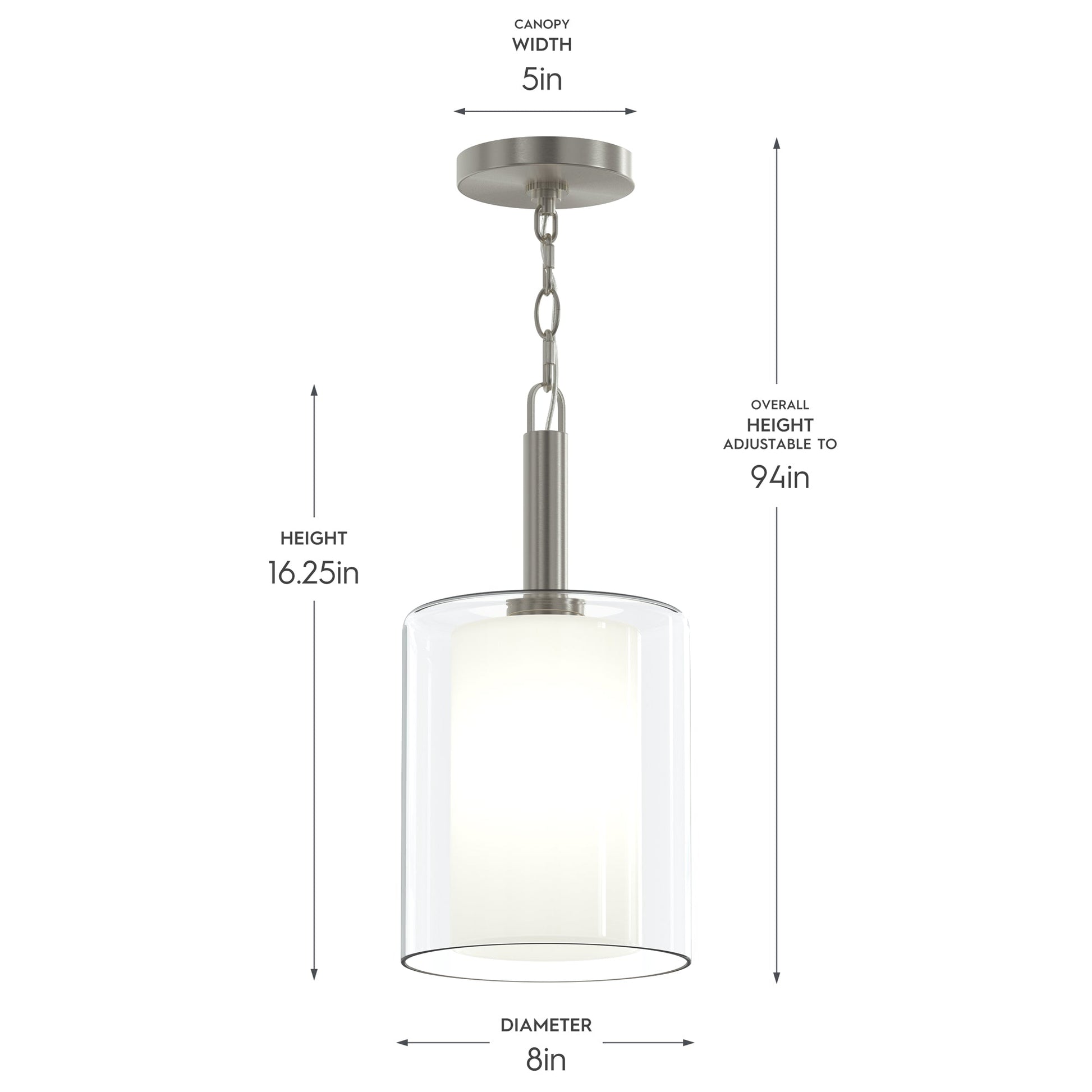 Progress Lighting P500515-009 Mack Pendant dimensions diagram - 8in diameter, 16.25in height, 5in canopy, adjustable to 94in