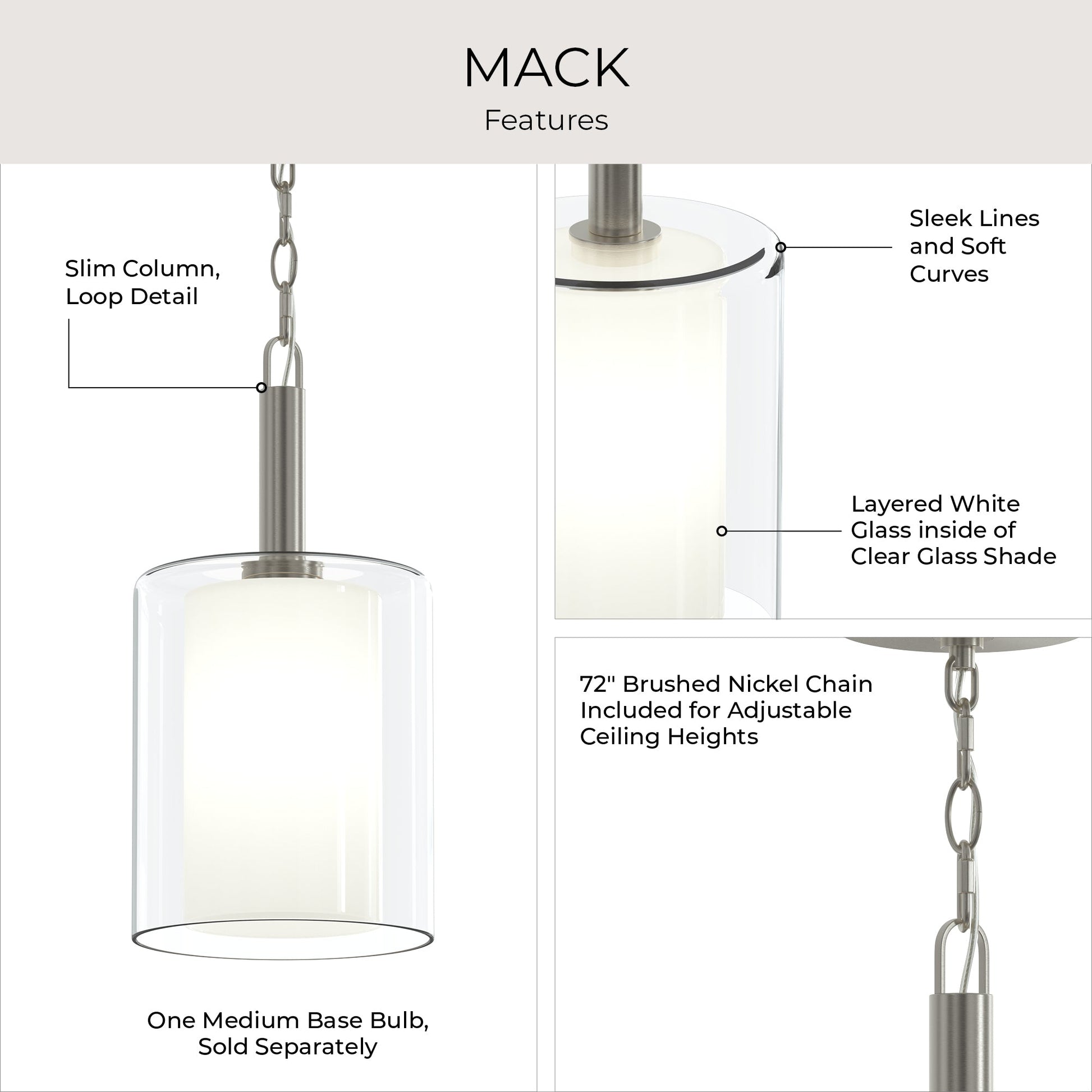 Progress Lighting P500515-009 Mack Pendant feature infographic showing slim column loop detail, layered white glass inside clear glass shade, and 72-inch adjustable chain