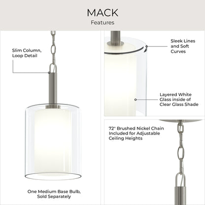 Progress Lighting P500515-009 Mack Pendant feature infographic showing slim column loop detail, layered white glass inside clear glass shade, and 72-inch adjustable chain