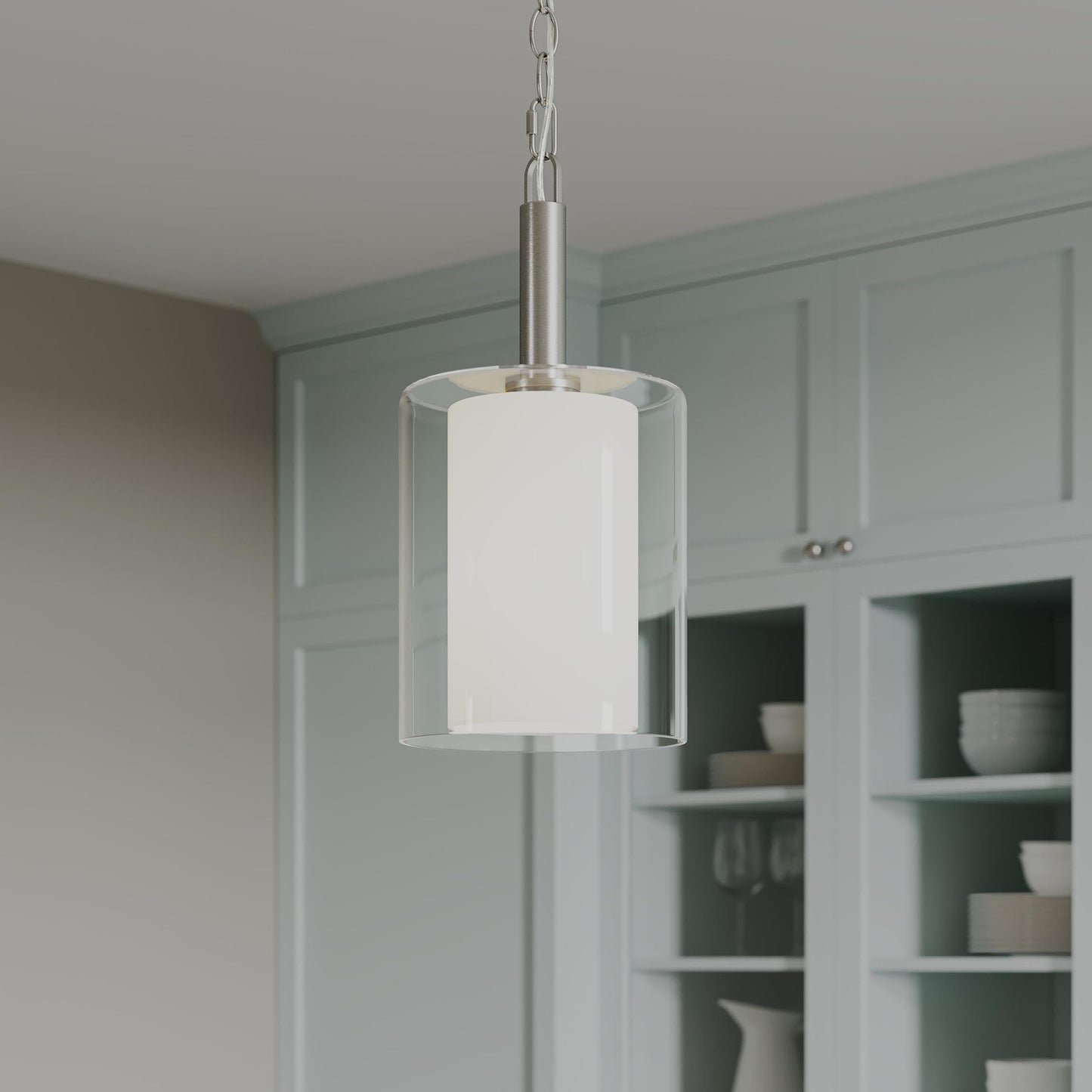 Progress Lighting P500515-009 Mack Brushed Nickel Pendant installed in a kitchen lifestyle setting